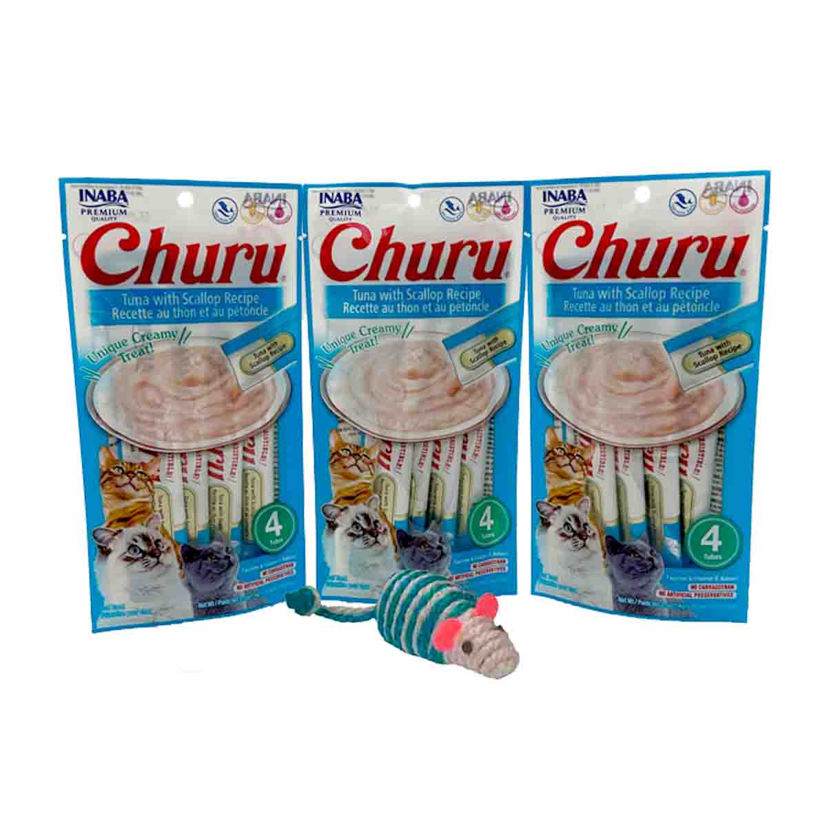 PAQ 12 PZ CHURUS PARA GATO ATÚN CON VIEIRAS + REGALO INABA